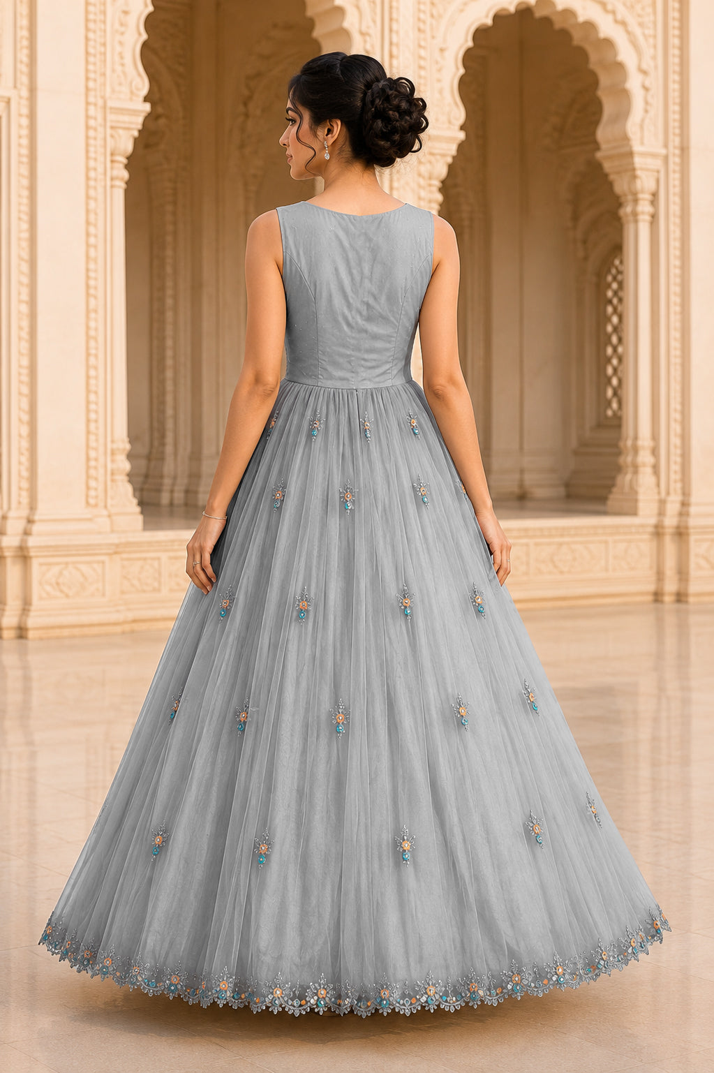 Silver Grey Embellished Net Gown