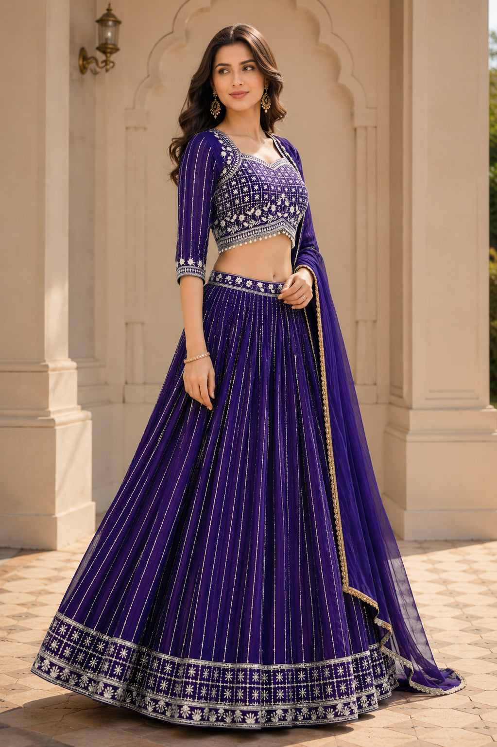 Embroidered Lehenga Choli Set with Dupatta - Violet