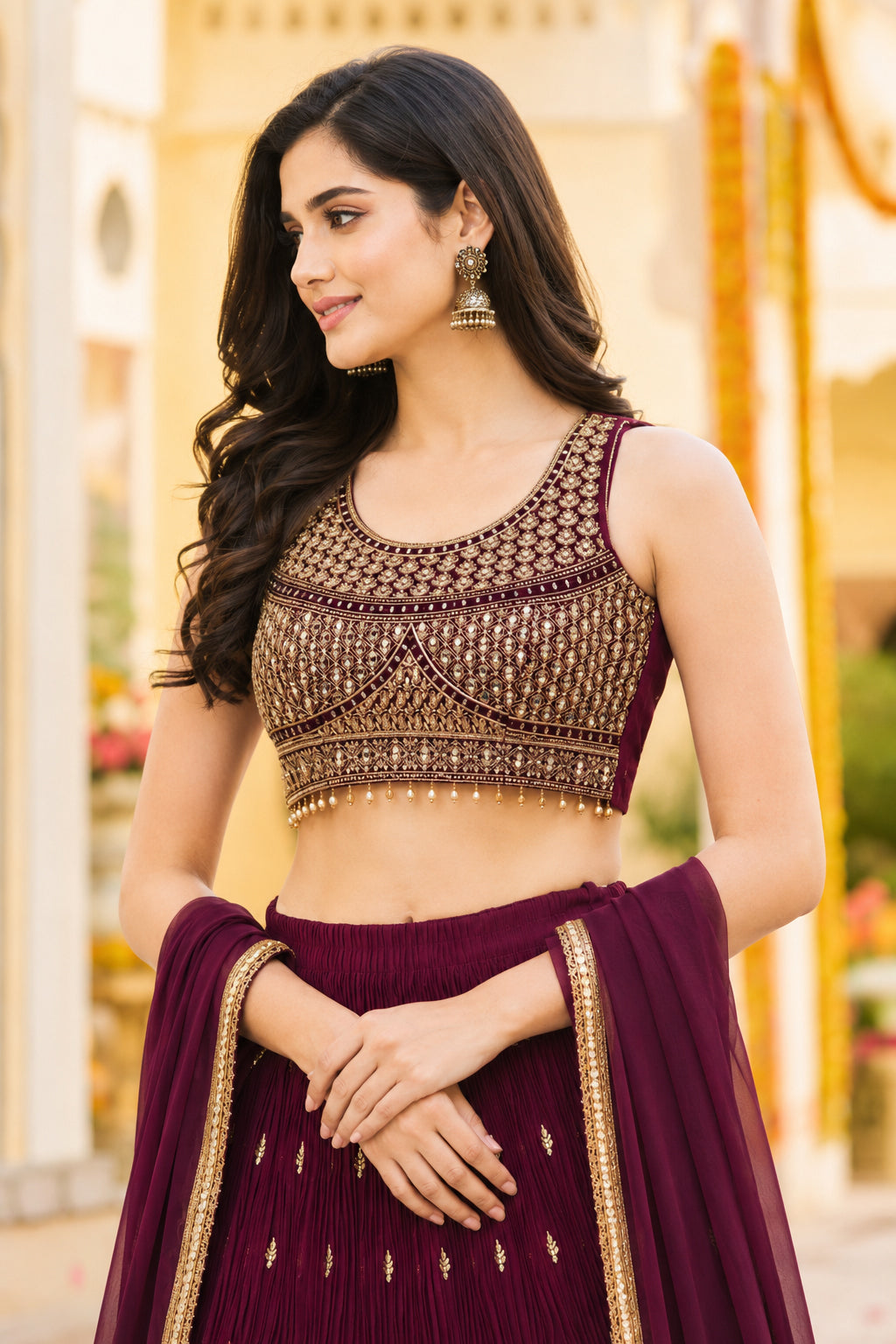 Burgandy Embroidered Festive Lehenga Choli Set with Dupatta