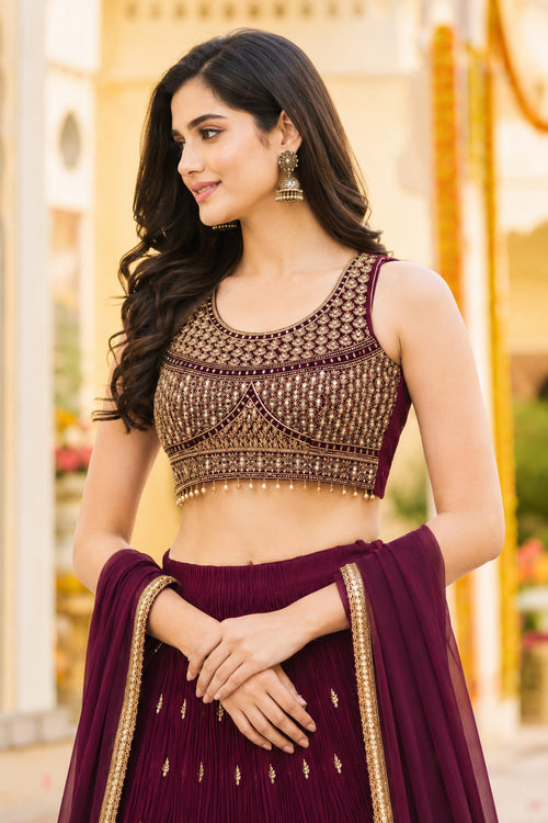 Burgandy Embroidered Festive Lehenga Choli Set with Dupatta