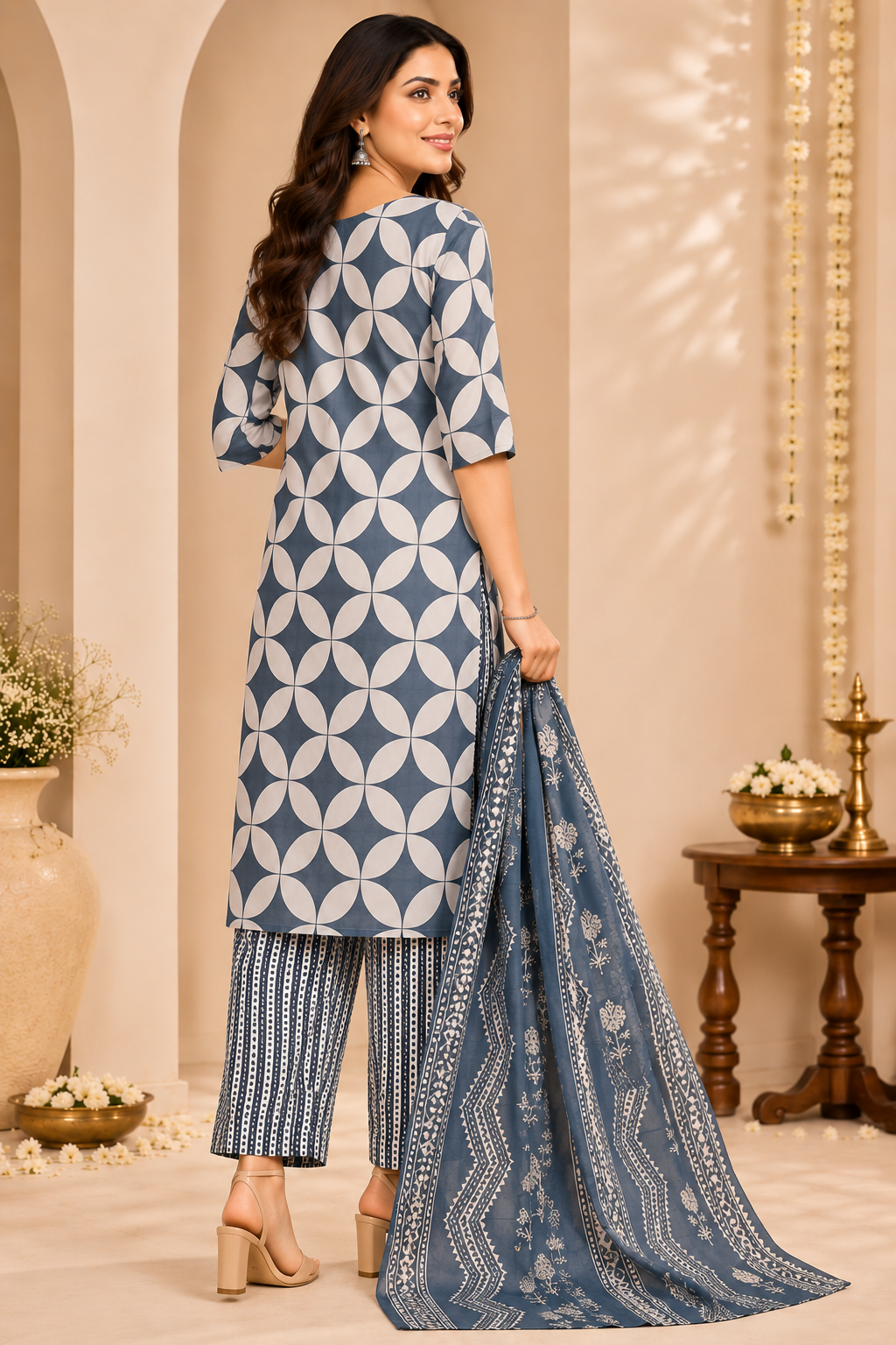 Women's White & Grey Printed Kurta Pant & Dupatta Set