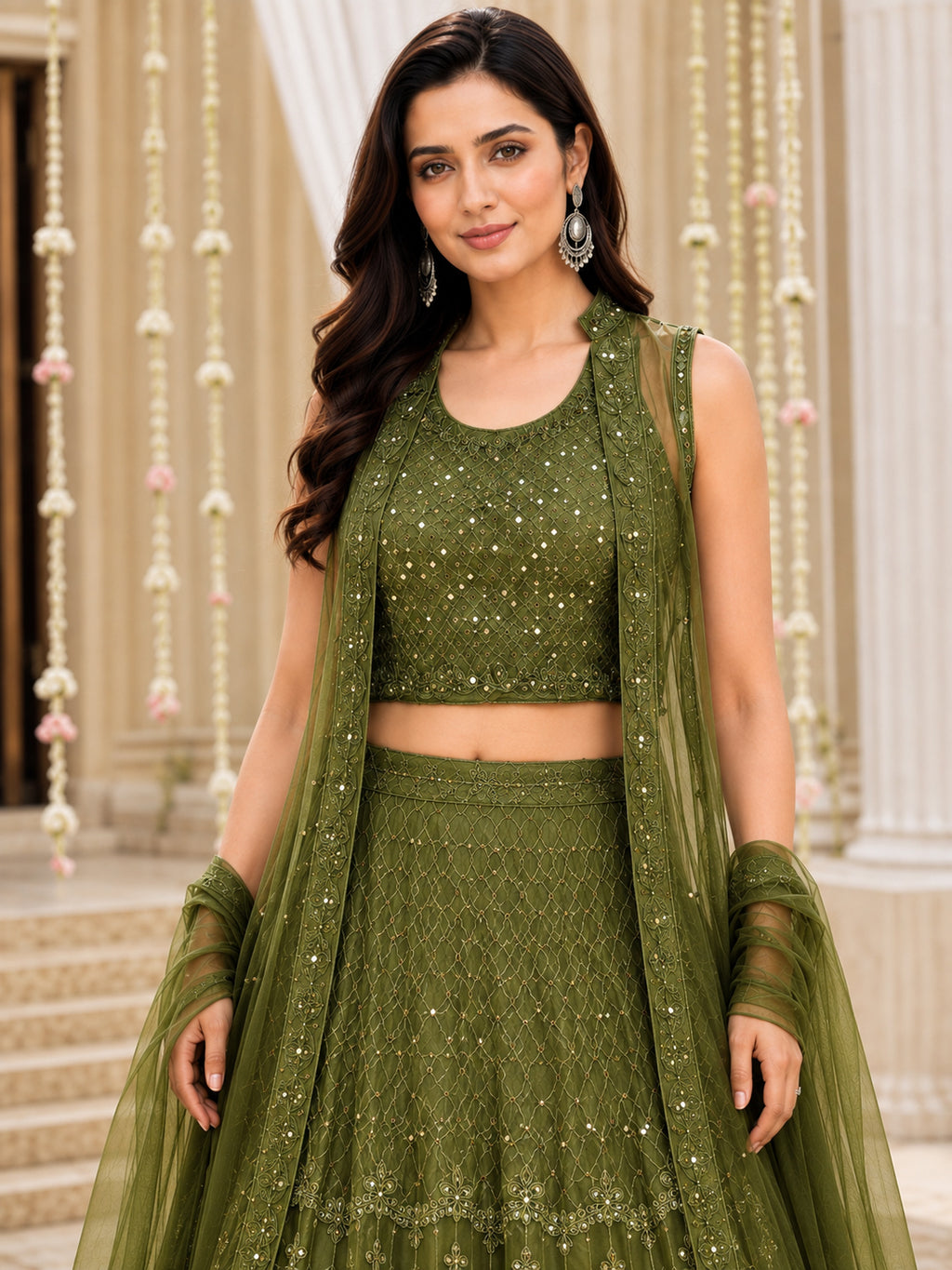 Green Embroidered Net Lehenga Choli Set with Dupatta