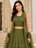 Green Embroidered Net Lehenga Choli Set with Dupatta