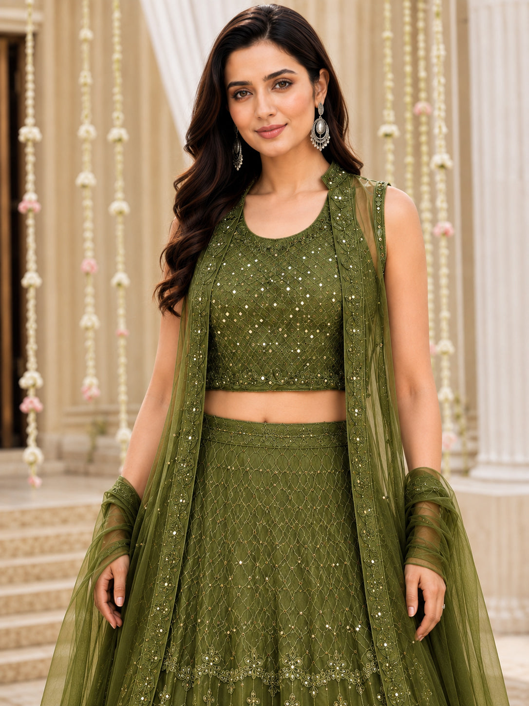 Green Embroidered Net Lehenga Choli Set with Dupatta