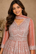 Terracotta Orange Embroidered Anarkali Kurta Set with Pleated Skirt & Organza Dupatta
