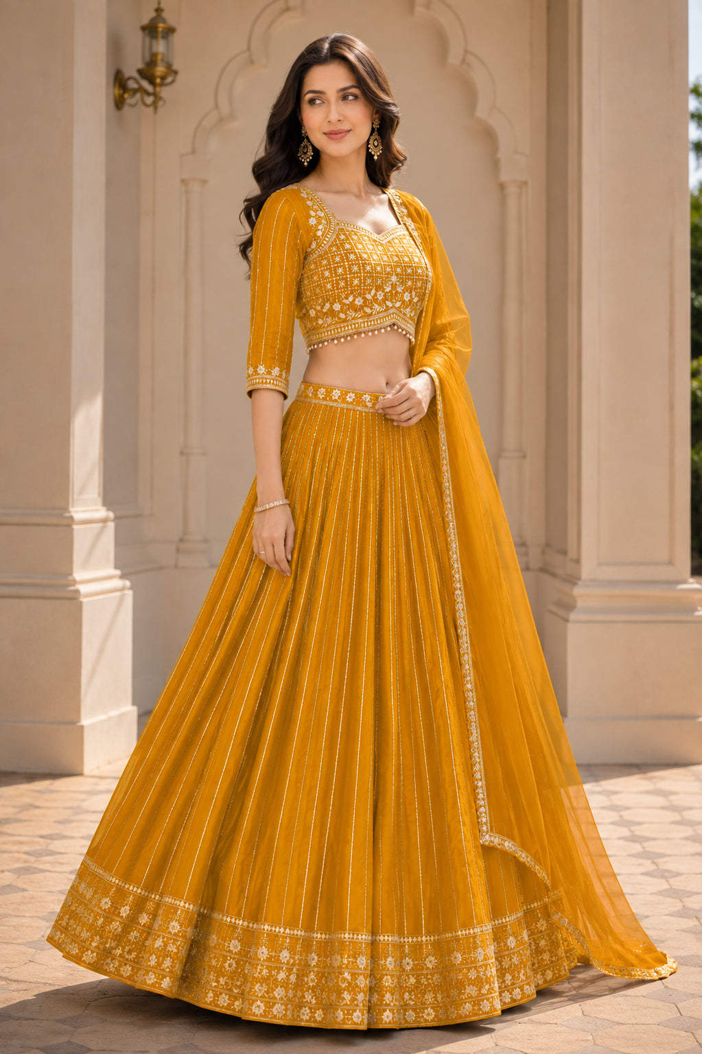 Embroidered Lehenga Choli Set with Dupatta - Yellow