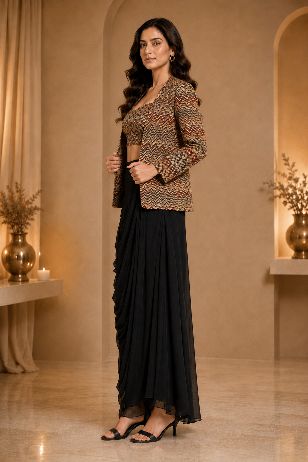 Black Draped Skirt Set with Chevron Crop Top & Jacket