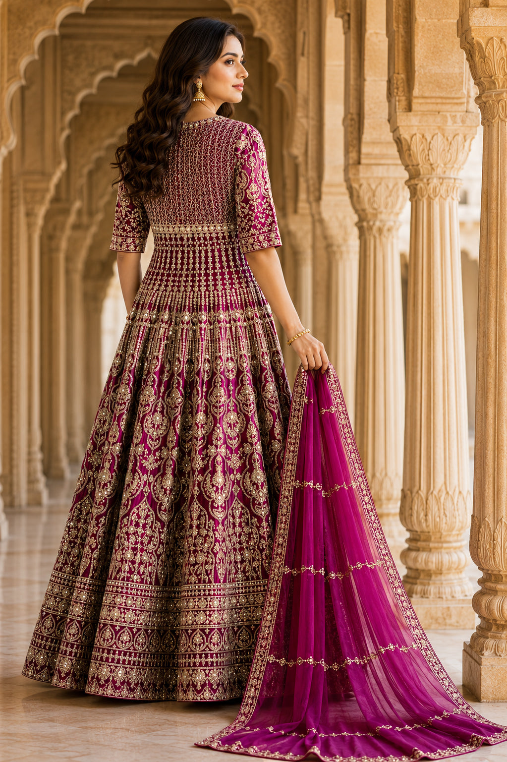 Magenta Gold Embroidered Anarkali Set with Dupatta