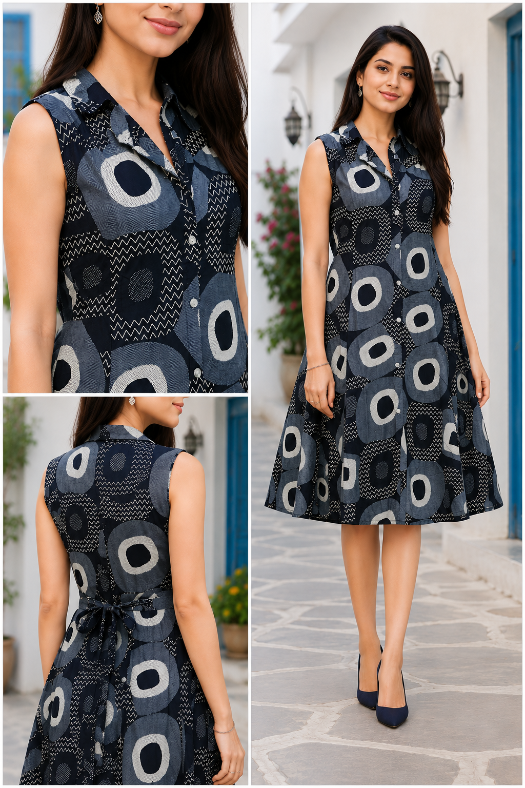 Women's Geometric Print Sleeveless Midi Dress - Navy