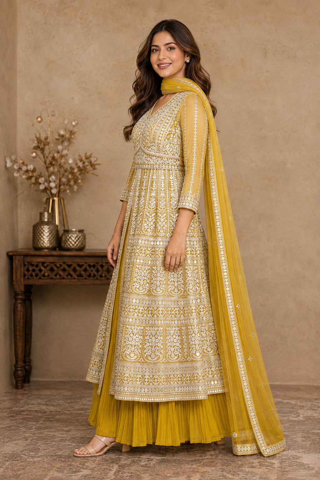 Yellow Embroidered Anarkali Kurta Set with Pleated Skirt & Organza Dupatta