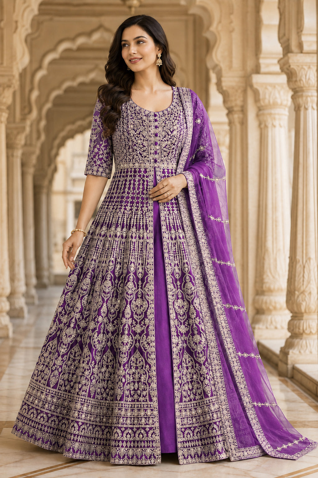Violet Gold Embroidered Anarkali Set with Dupatta