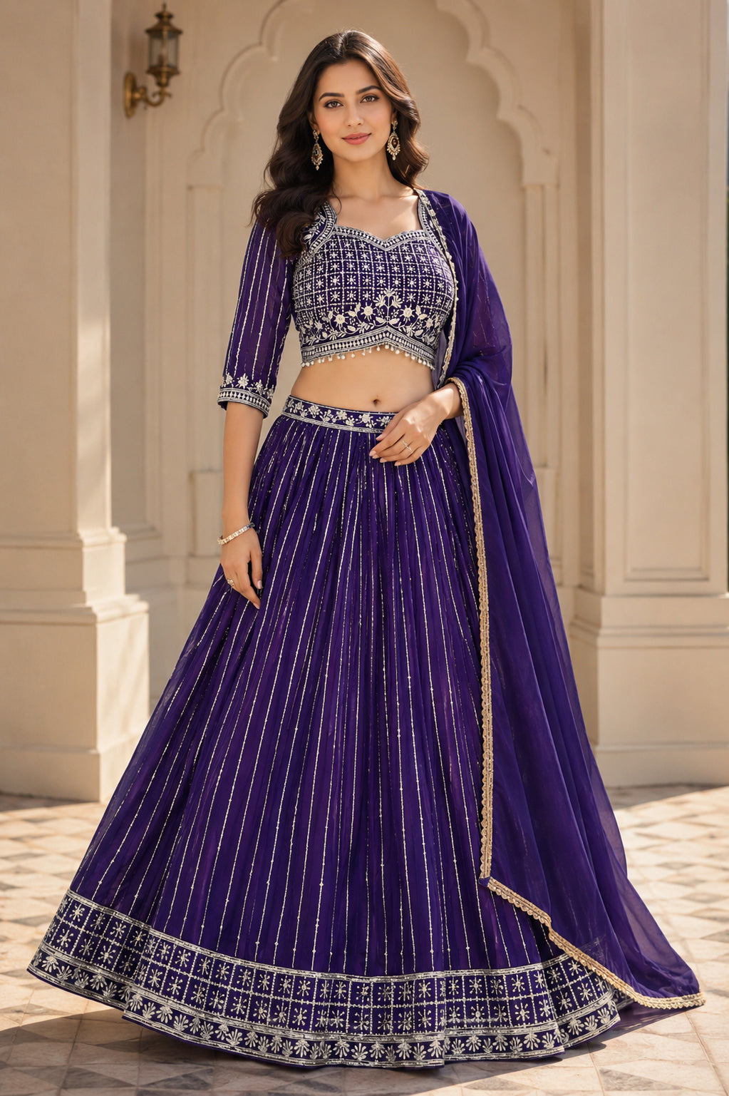 Embroidered Lehenga Choli Set with Dupatta - Violet
