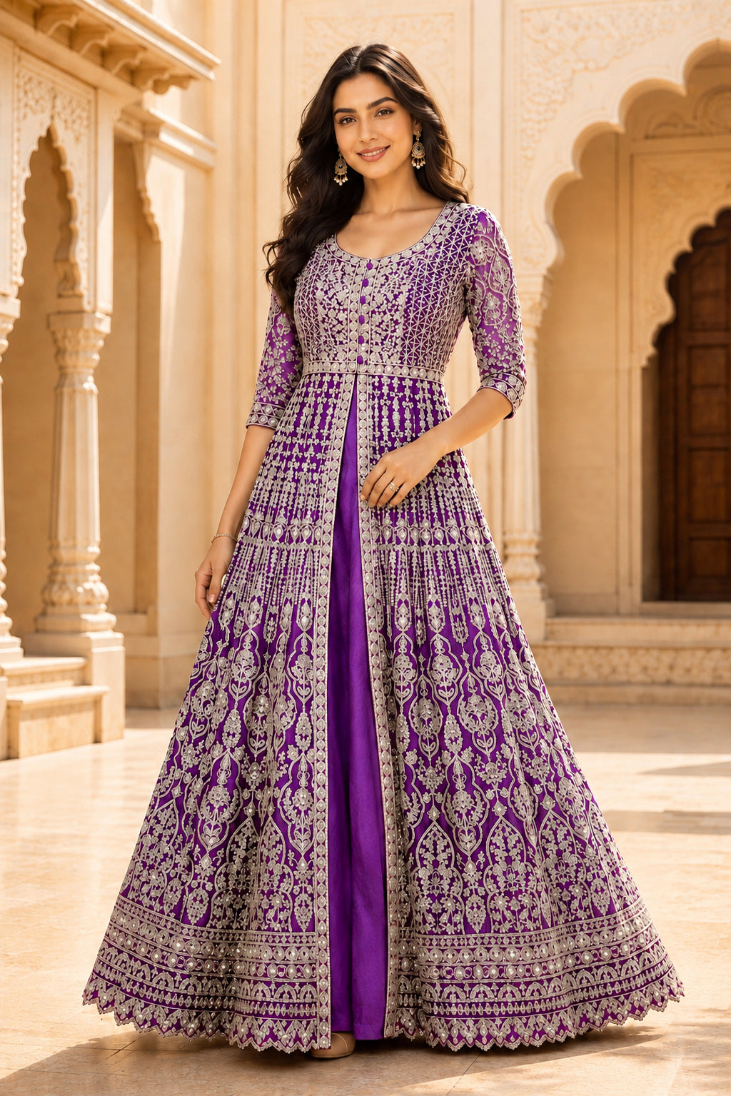 Violet Gold Embroidered Anarkali Set with Dupatta