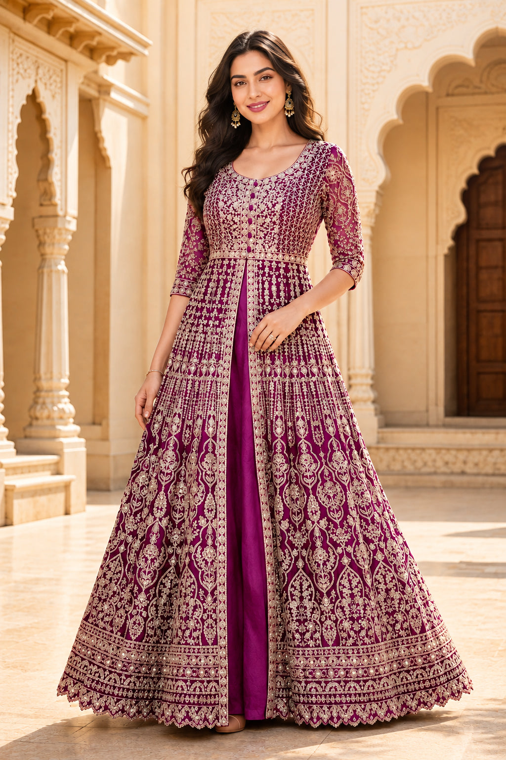 Magenta Gold Embroidered Anarkali Set with Dupatta