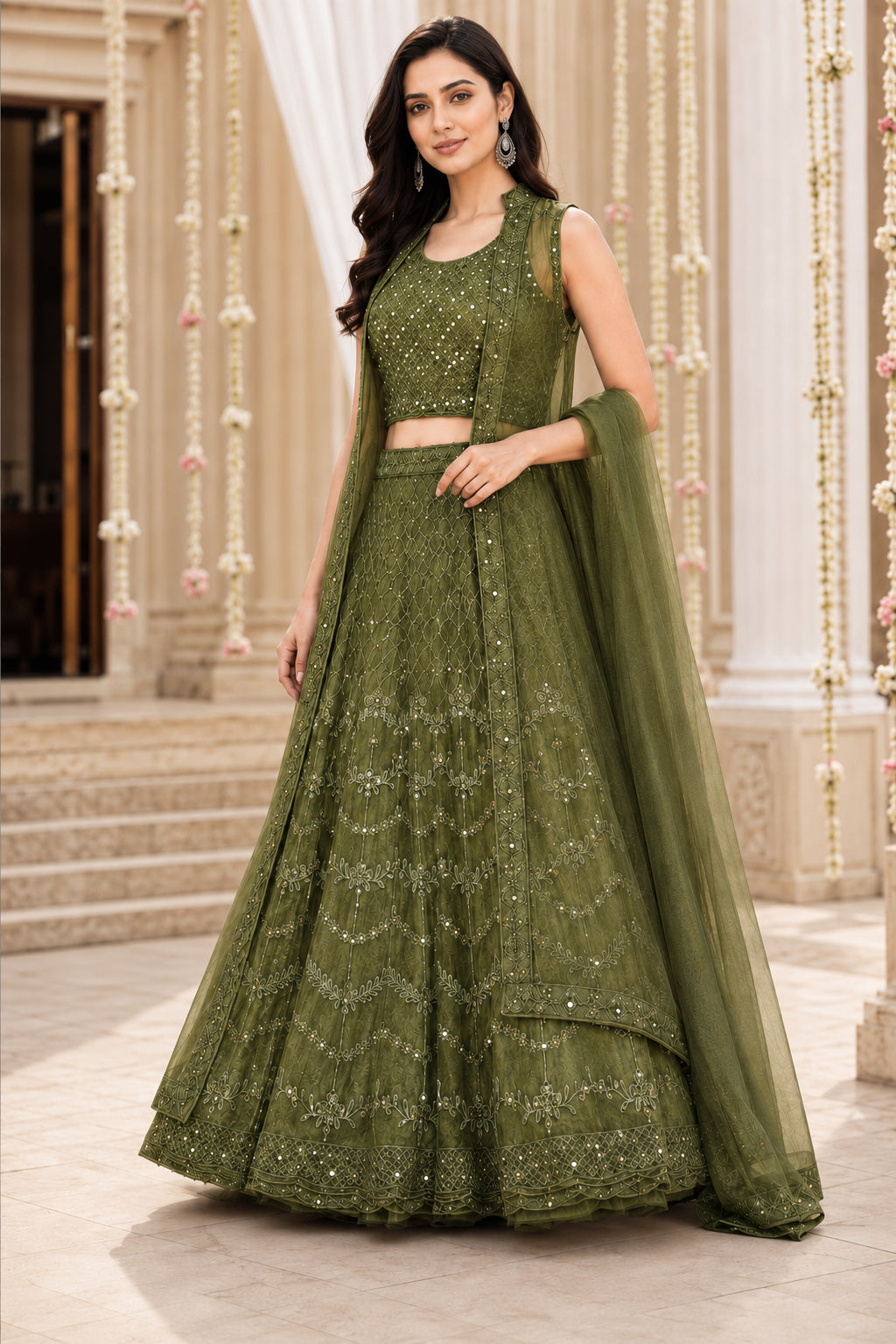 Green Embroidered Net Lehenga Choli Set with Dupatta