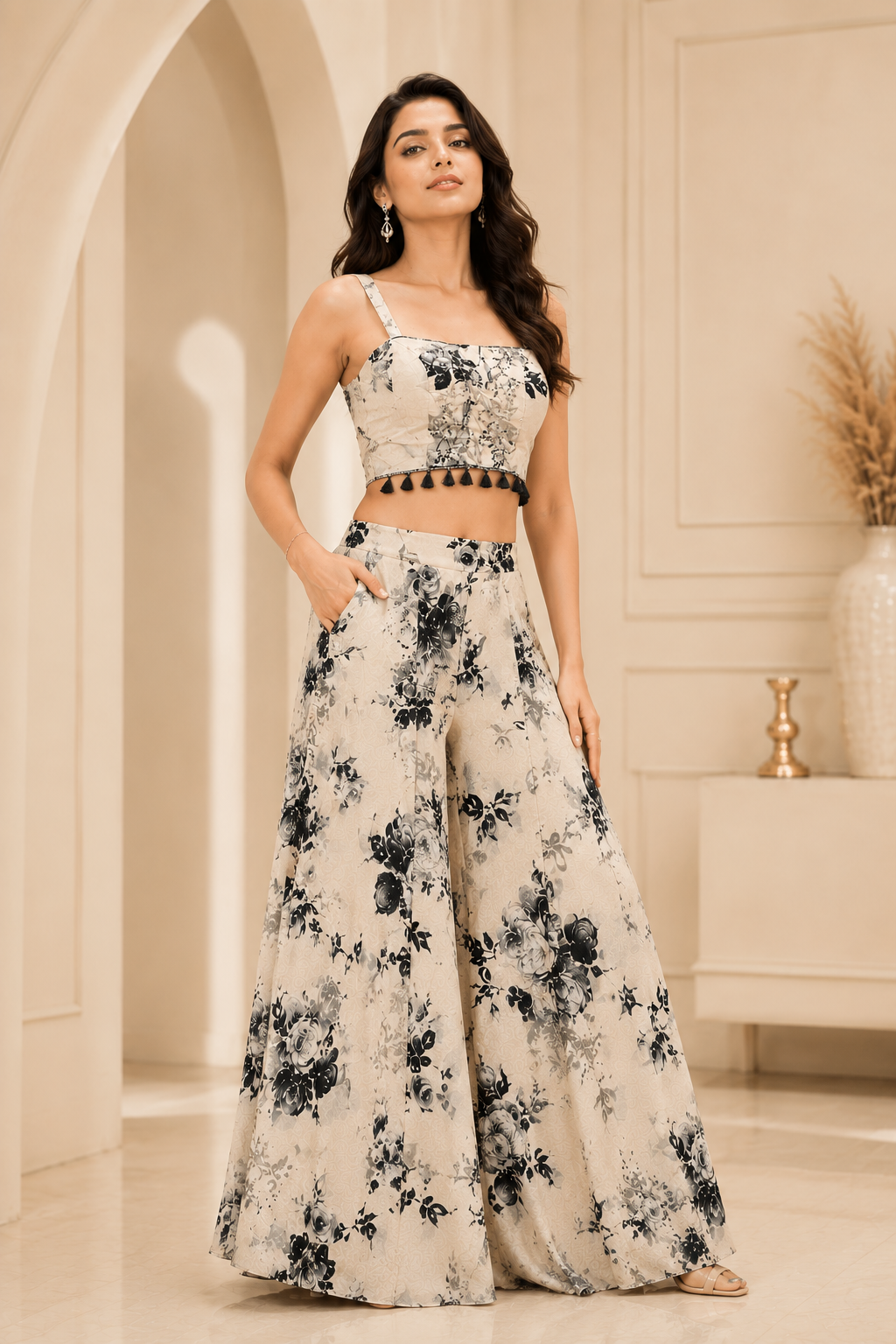 Ivory Floral Printed Crop Top & Palazzo Set with Cape
