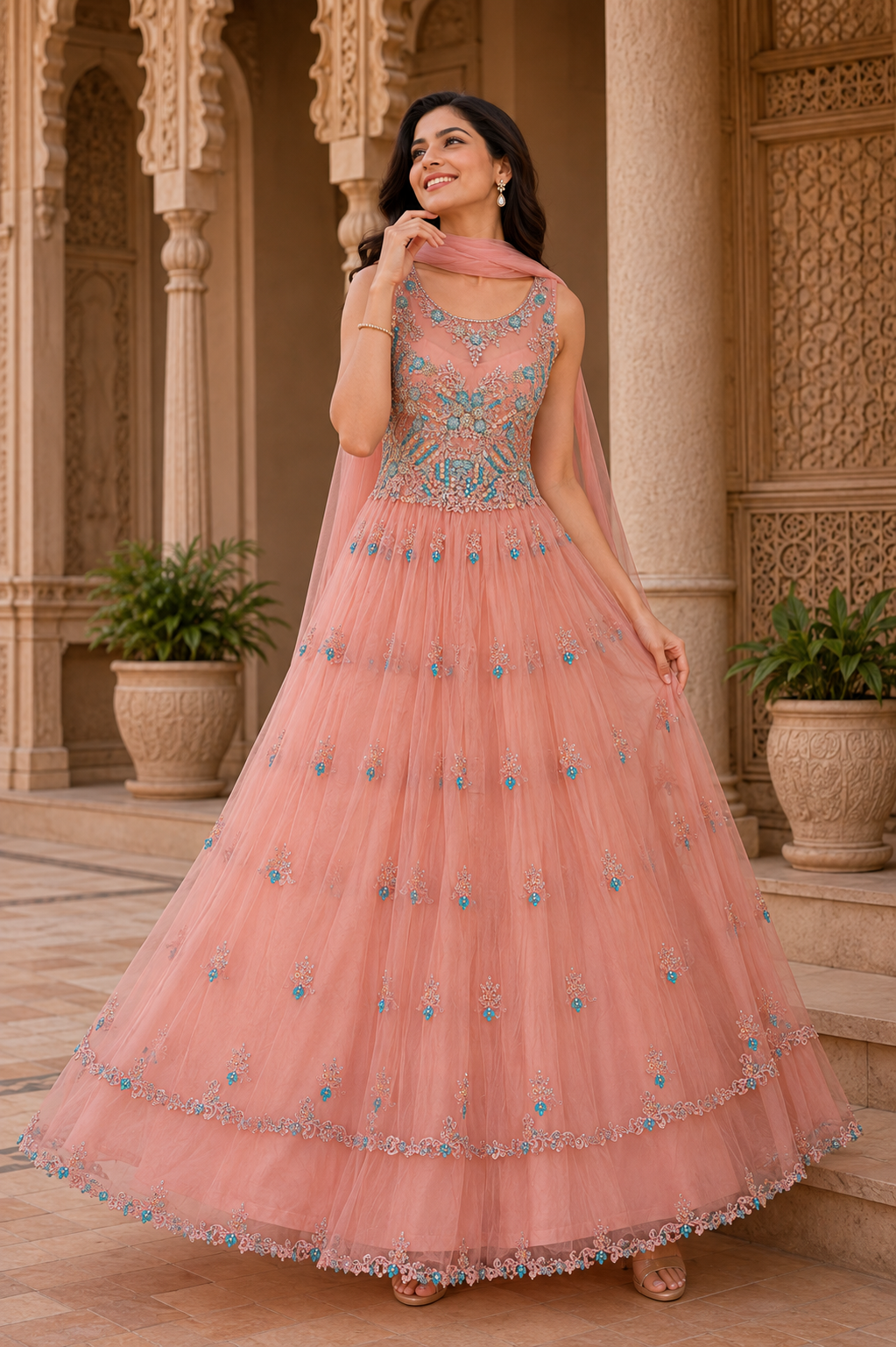 Blush Peach Embellished Net Gown