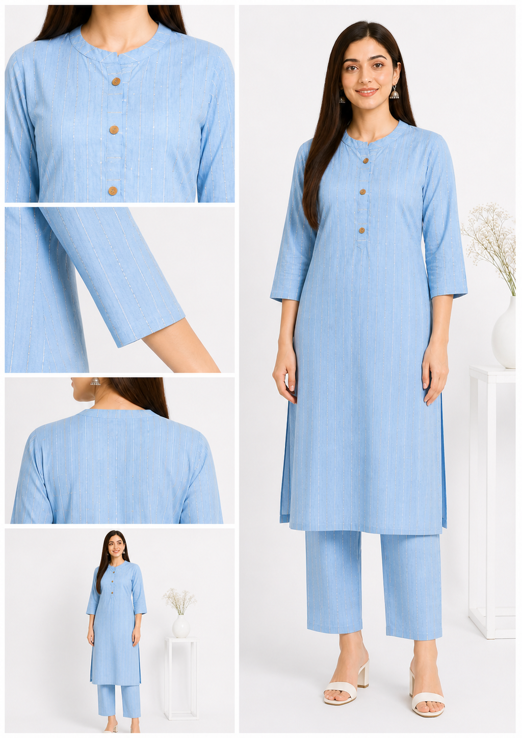 Women's Sky Blue Striped Kurta Pant Set