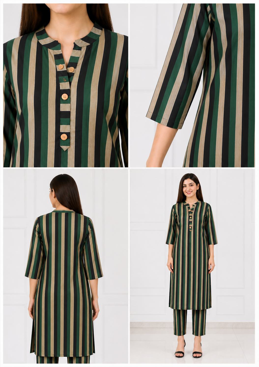 Women's Green & Beige Striped Kurta Pant Co-Ord Set