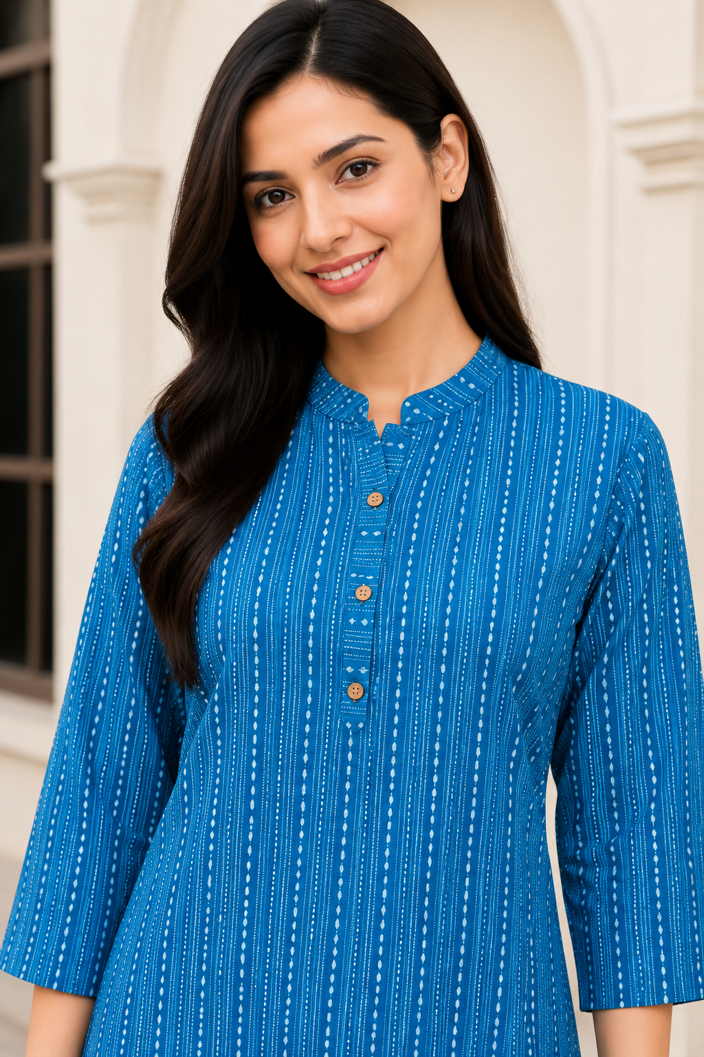 Women's Beige Striped Kurta Pant Set -Blue