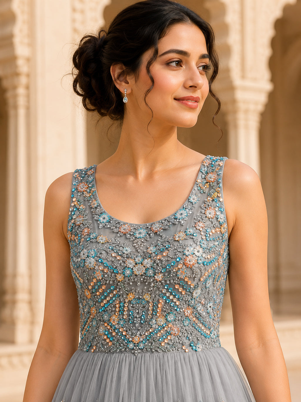 Silver Grey Embellished Net Gown