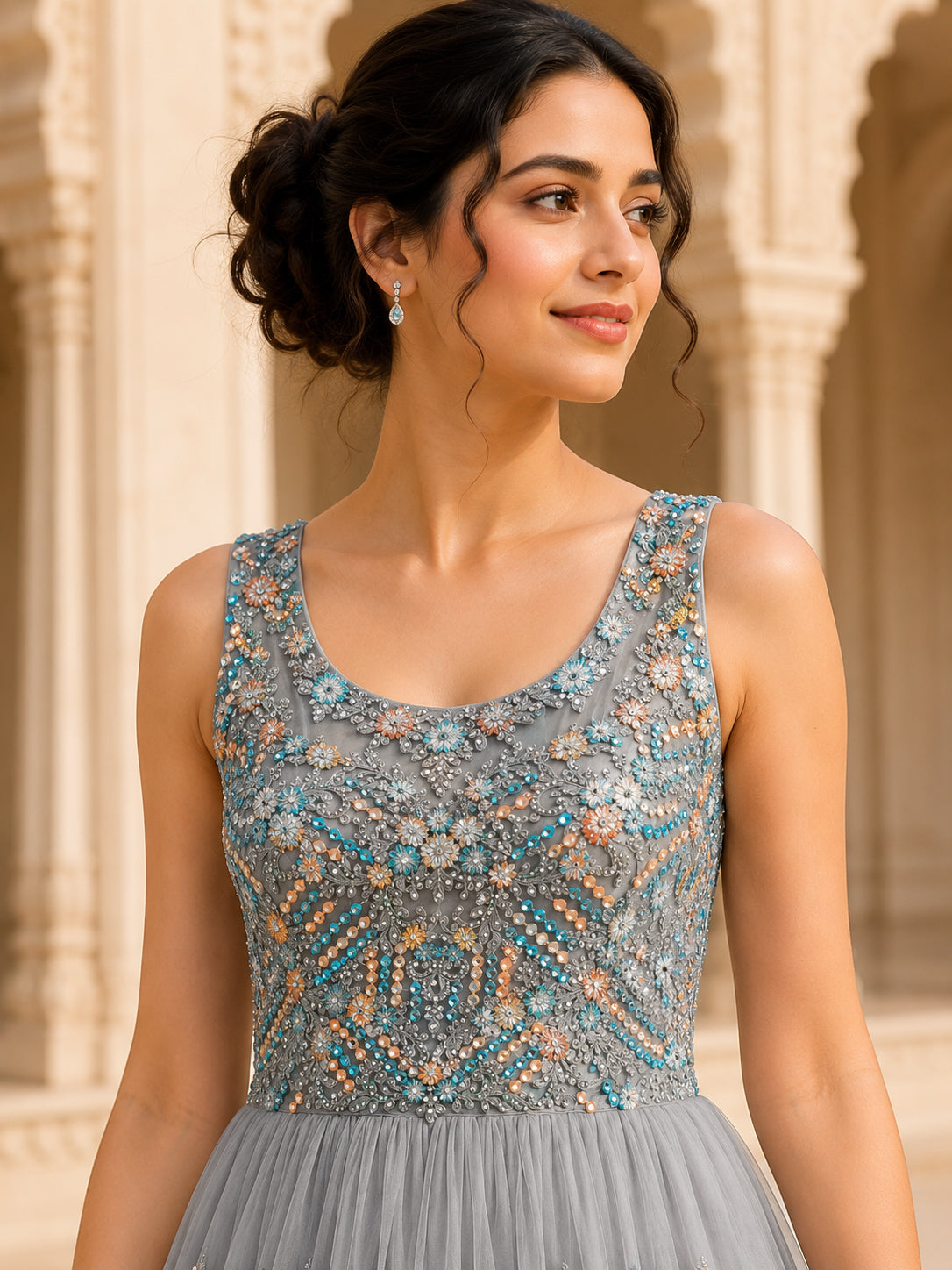 Silver Grey Embellished Net Gown