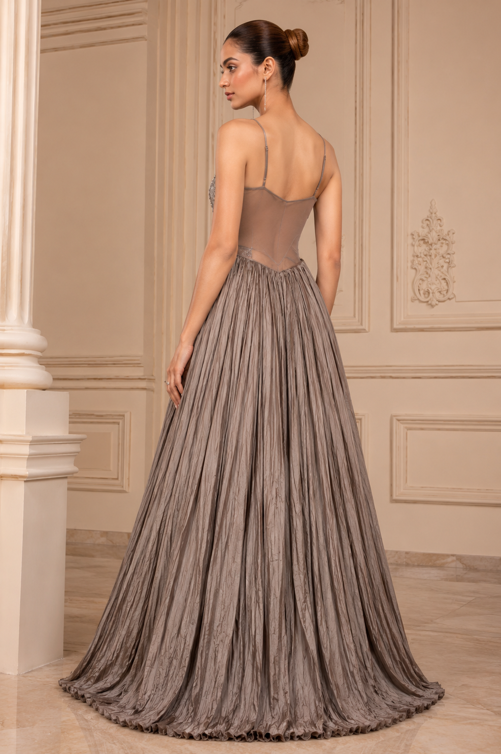 Taupe Grey Embellished Cape Style Party Gown
