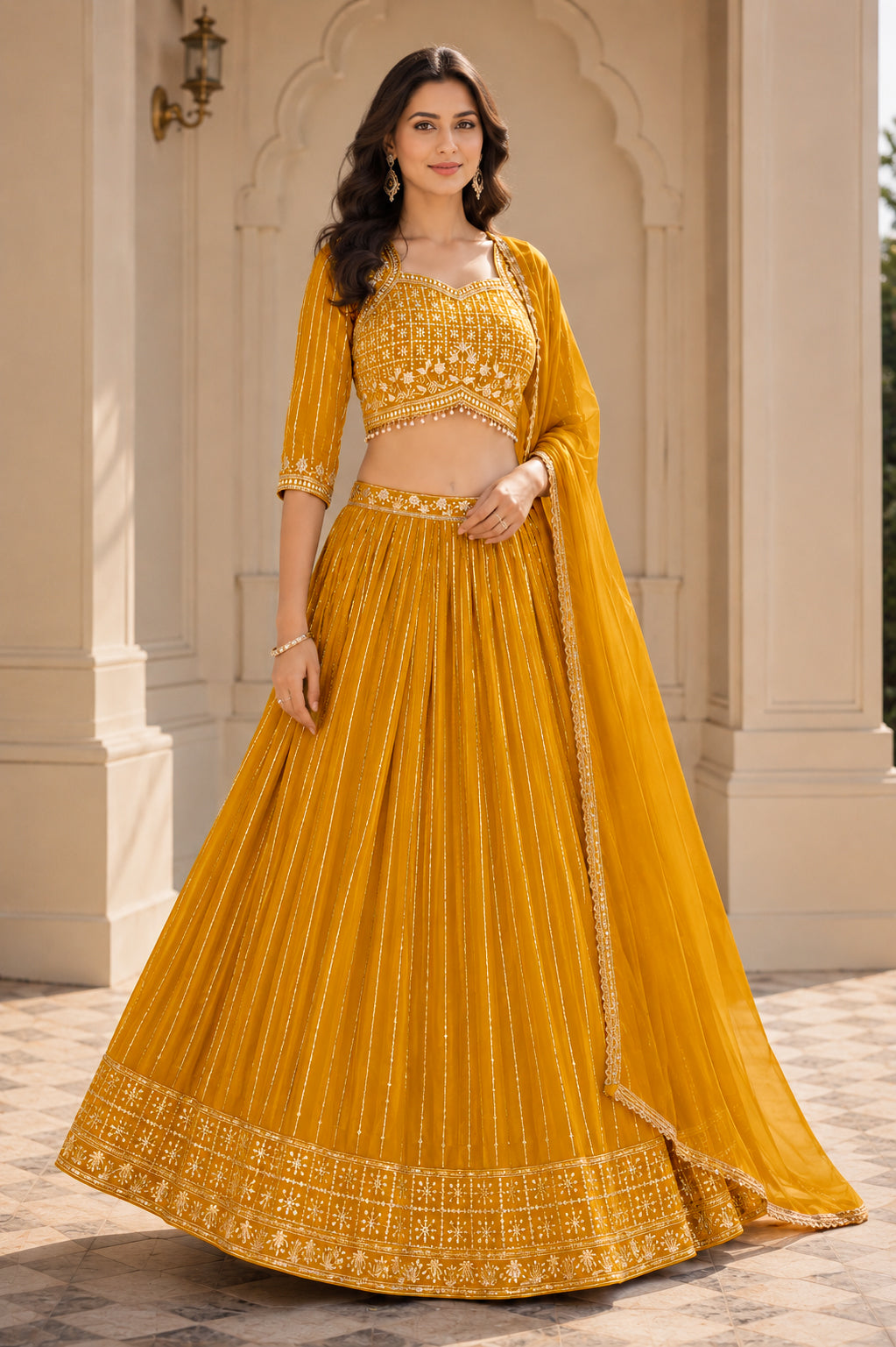 Embroidered Lehenga Choli Set with Dupatta - Yellow