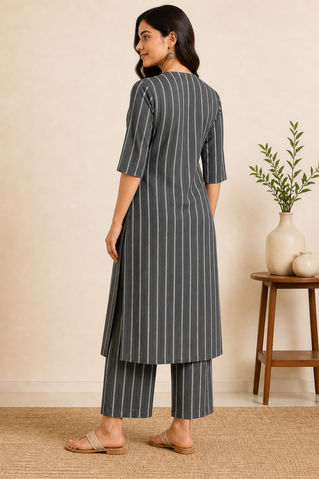 Women's Charcoal Grey Striped Kurta Pant Set