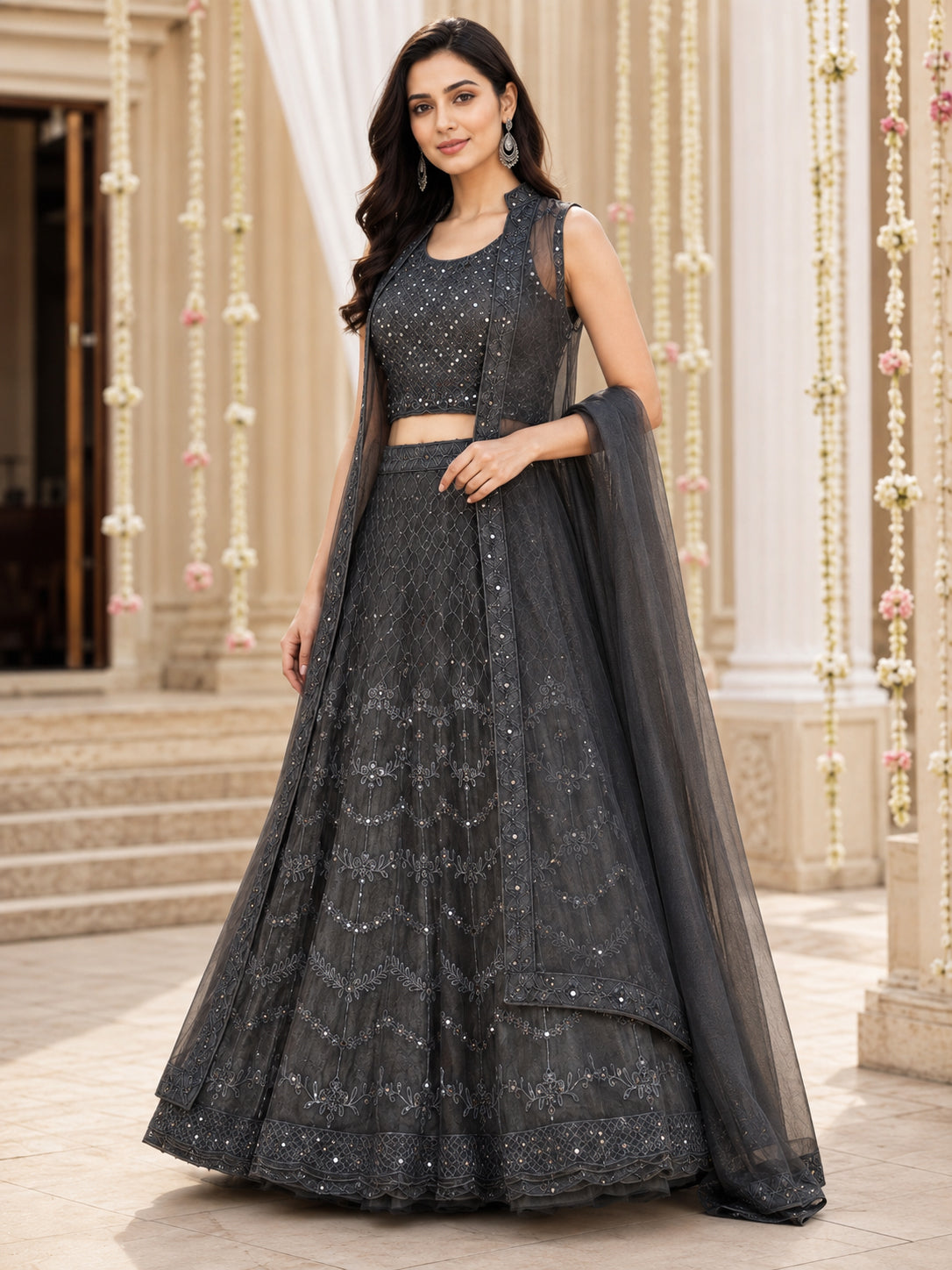 Charcoal Grey Embroidered Net Lehenga Choli Set with Dupatta