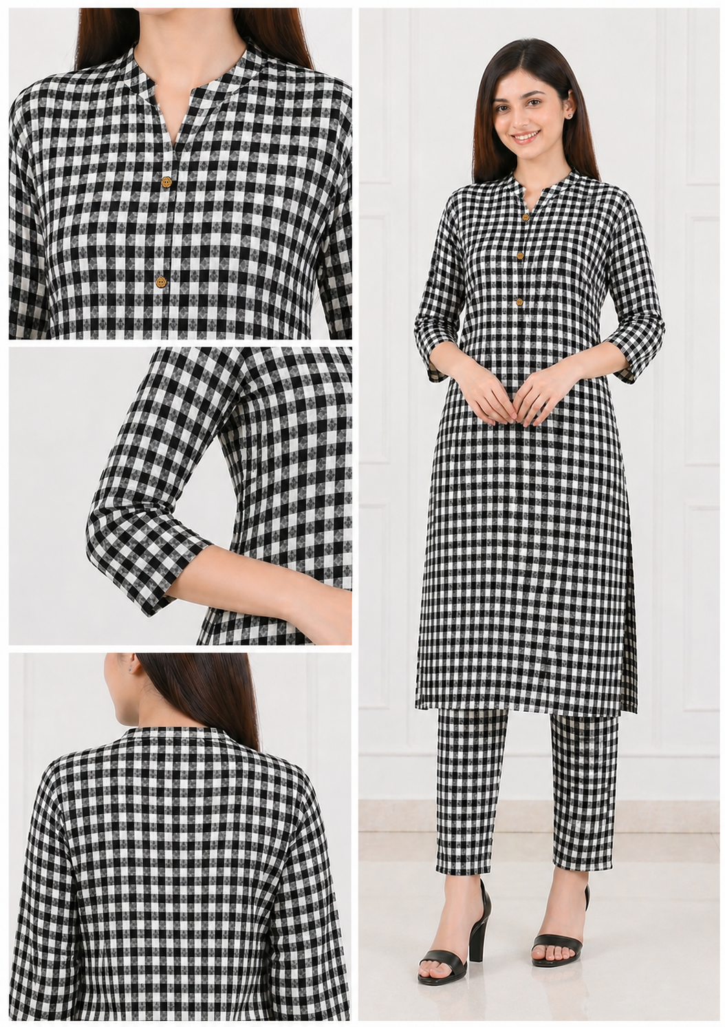 Women's Black & White Checked Kurta Pant Co-Ord Set