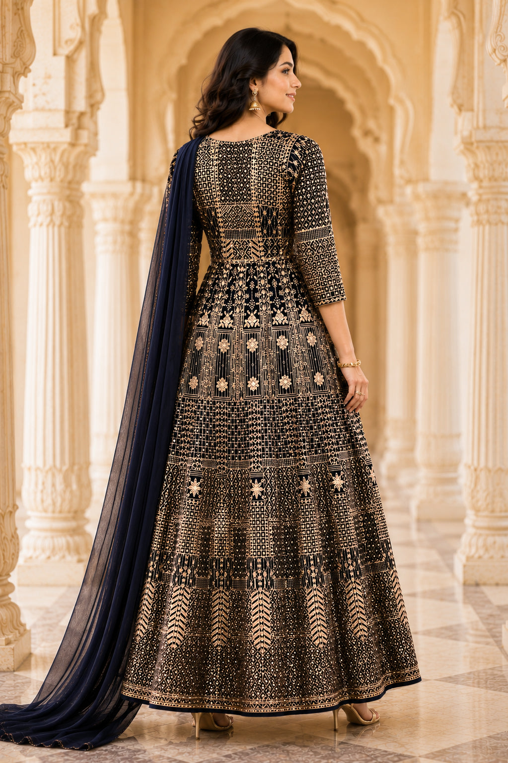 Navy & Antique Gold Embroidered Jacket Kurta Set with Dupatta