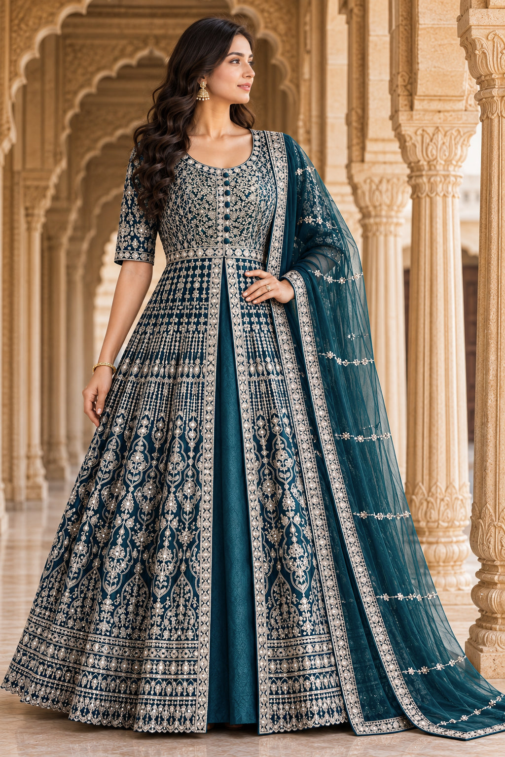 Teal Gold Embroidered Anarkali Set with Dupatta