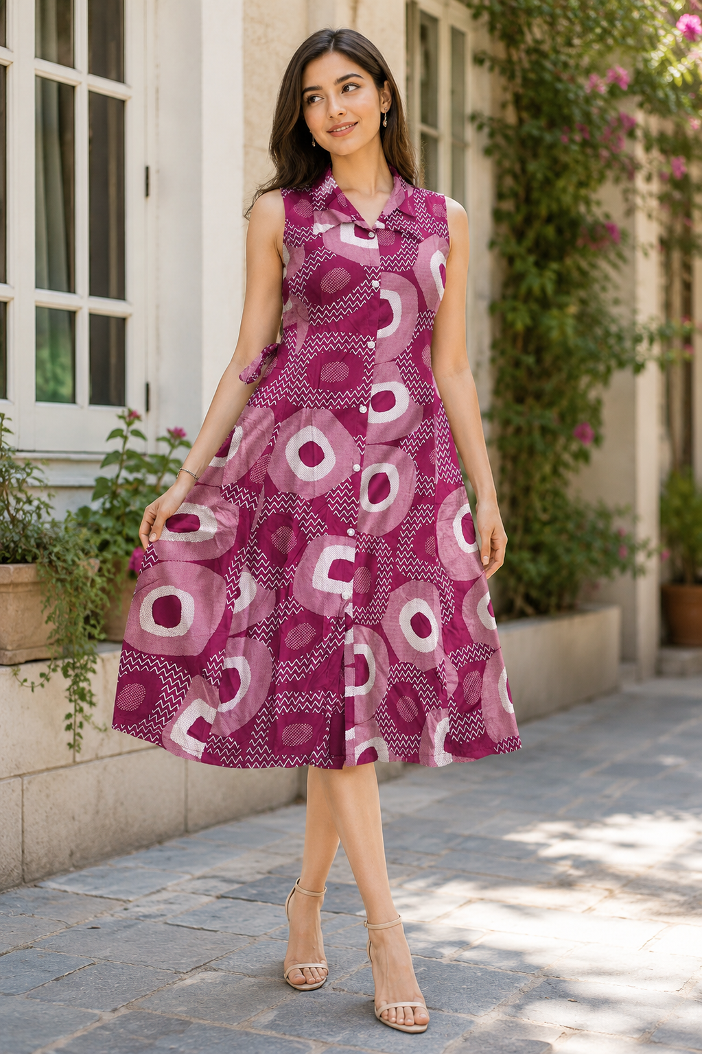 Women's Geometric Print Sleeveless Midi Dress - Maroon