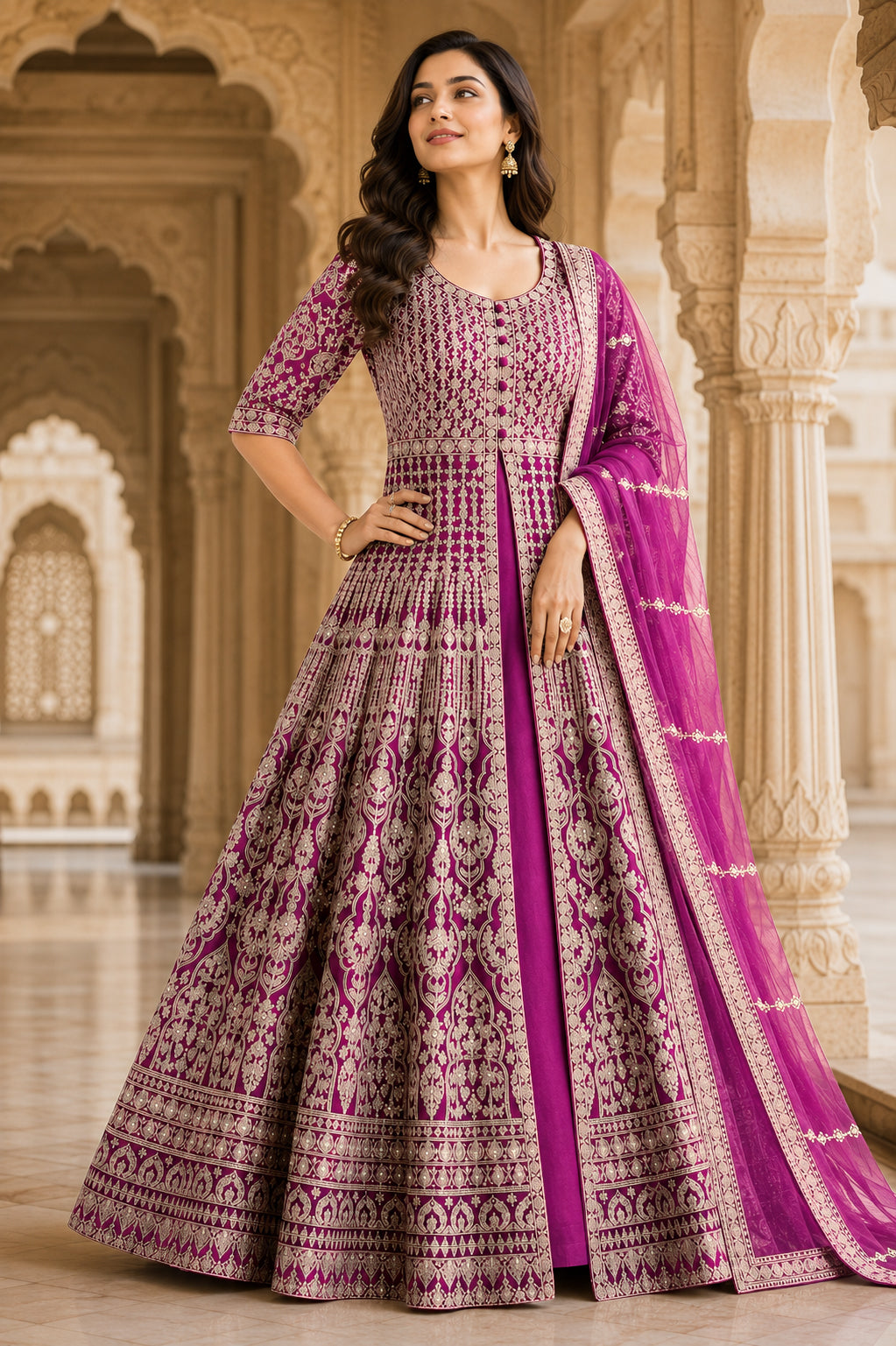 Magenta Gold Embroidered Anarkali Set with Dupatta