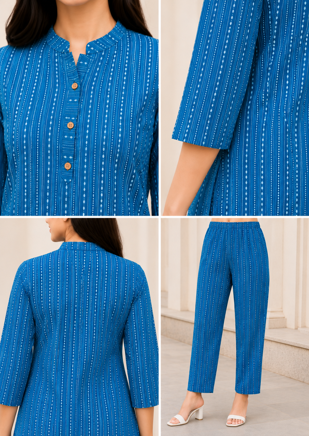 Women's Beige Striped Kurta Pant Set -Blue