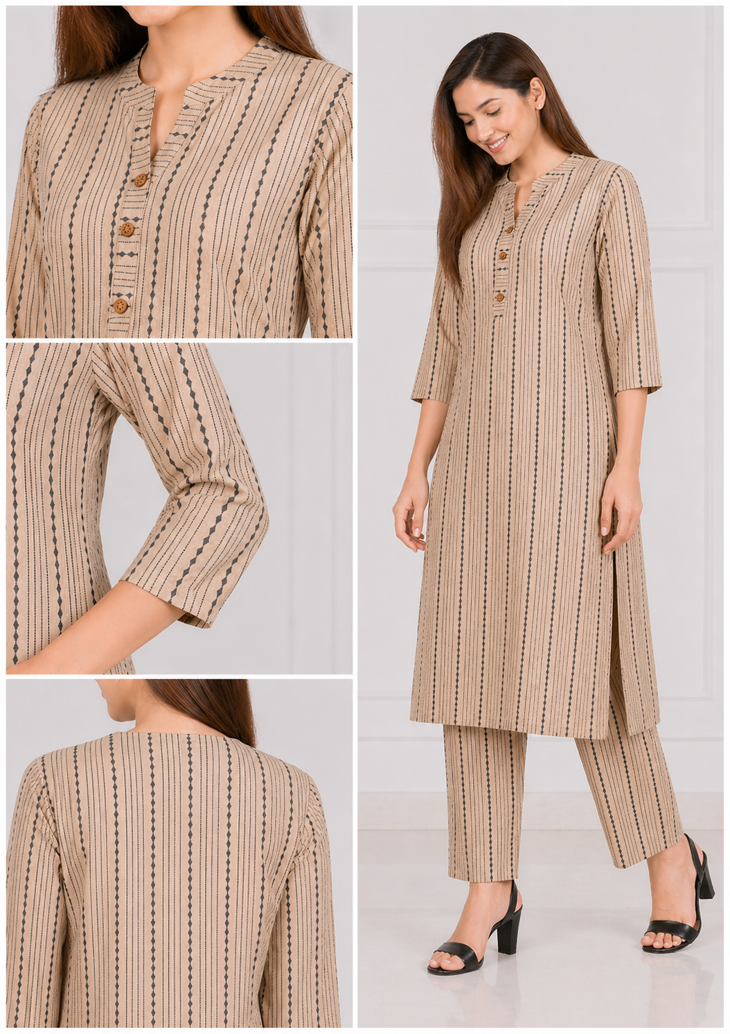 Women's Beige Striped Kurta Pant Set