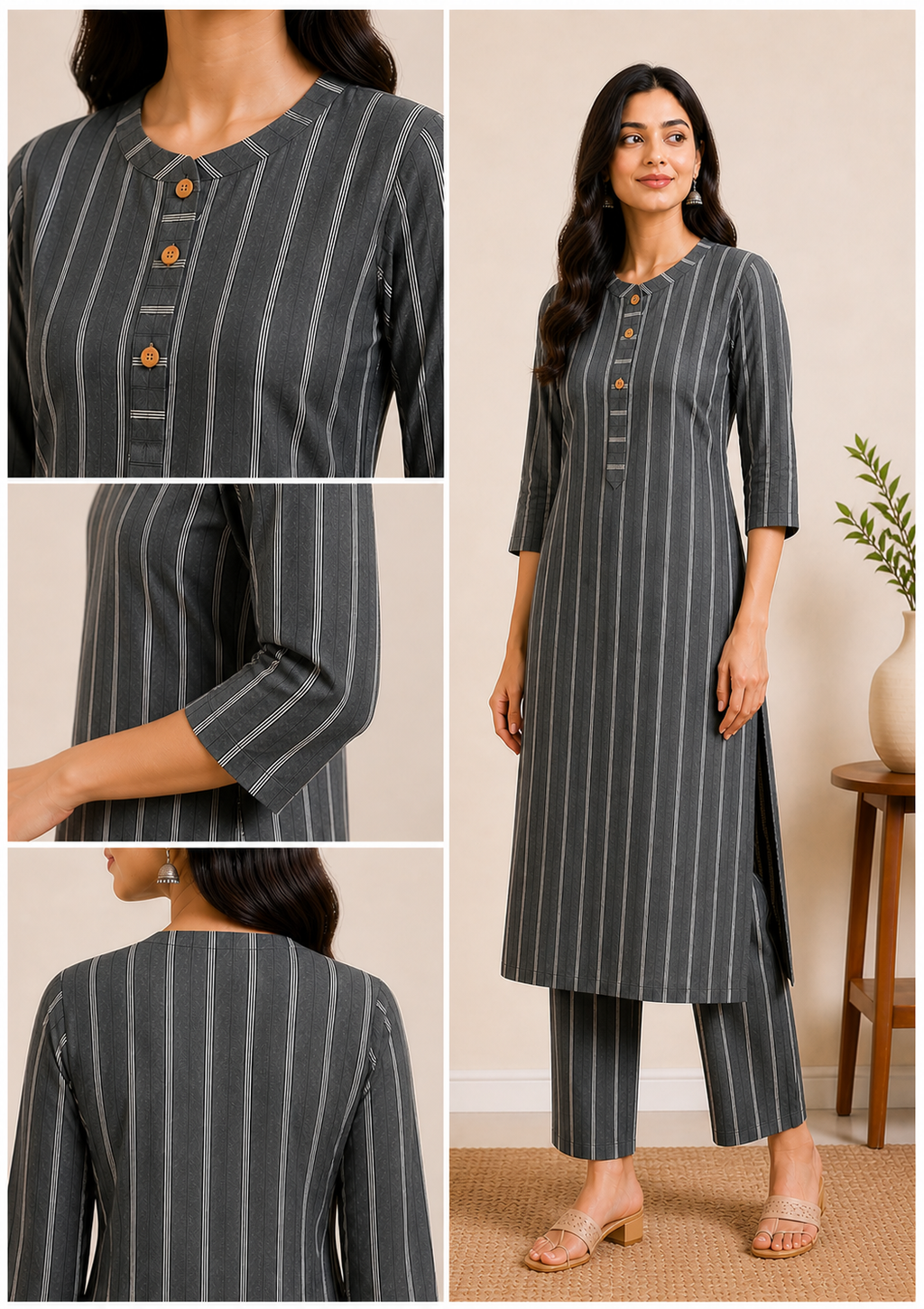 Women's Charcoal Grey Striped Kurta Pant Set