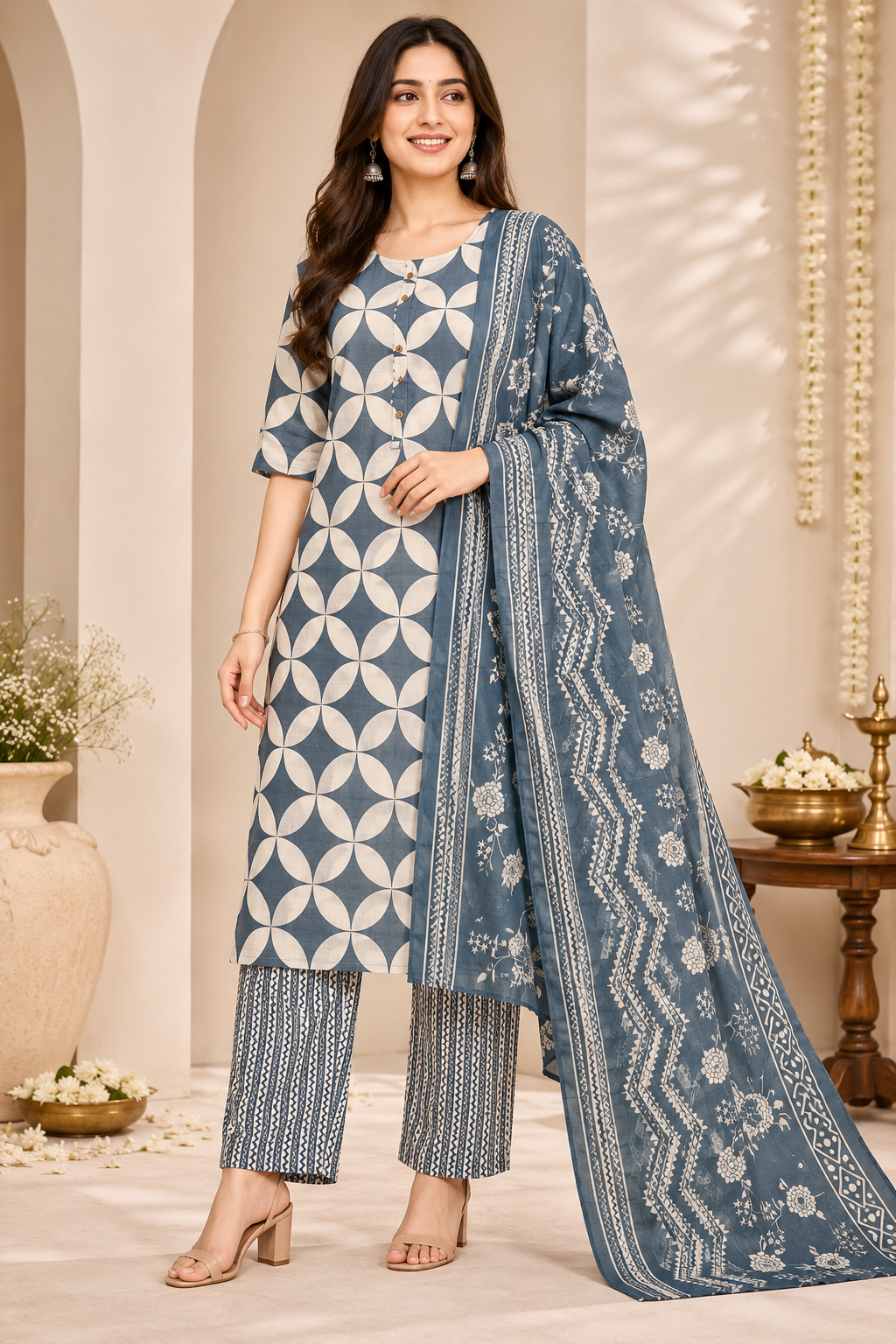 Women's White & Grey Printed Kurta Pant & Dupatta Set