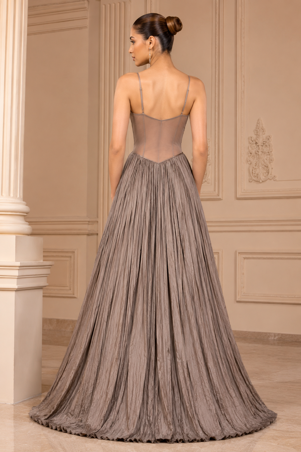 Taupe Grey Embellished Cape Style Party Gown
