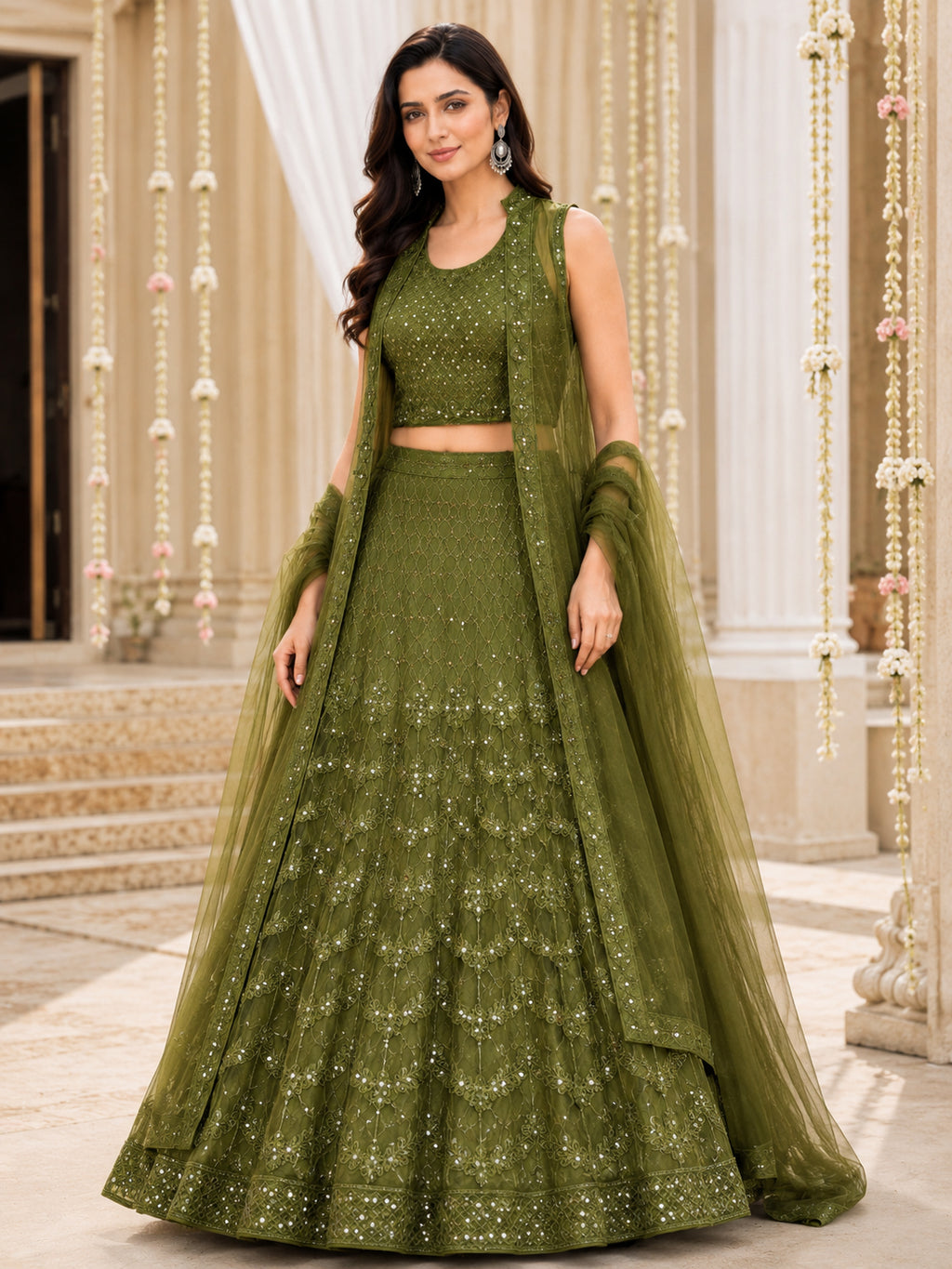 Green Embroidered Net Lehenga Choli Set with Dupatta