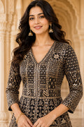 Navy & Antique Gold Embroidered Jacket Kurta Set with Dupatta