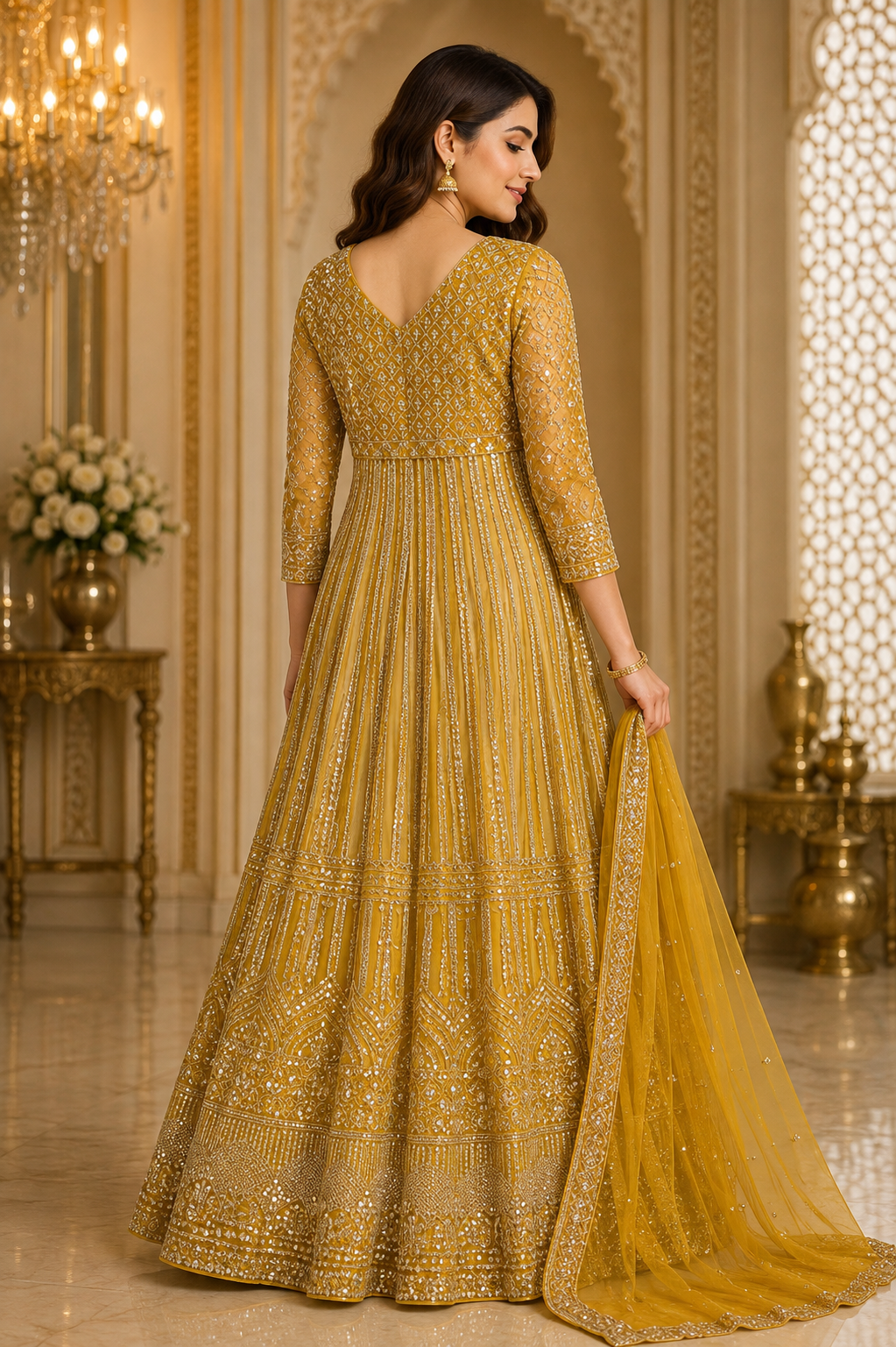 Yellow Mirror-Embroidered Anarkali Set with Dupatta