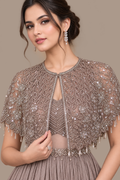 Taupe Grey Embellished Cape Style Party Gown