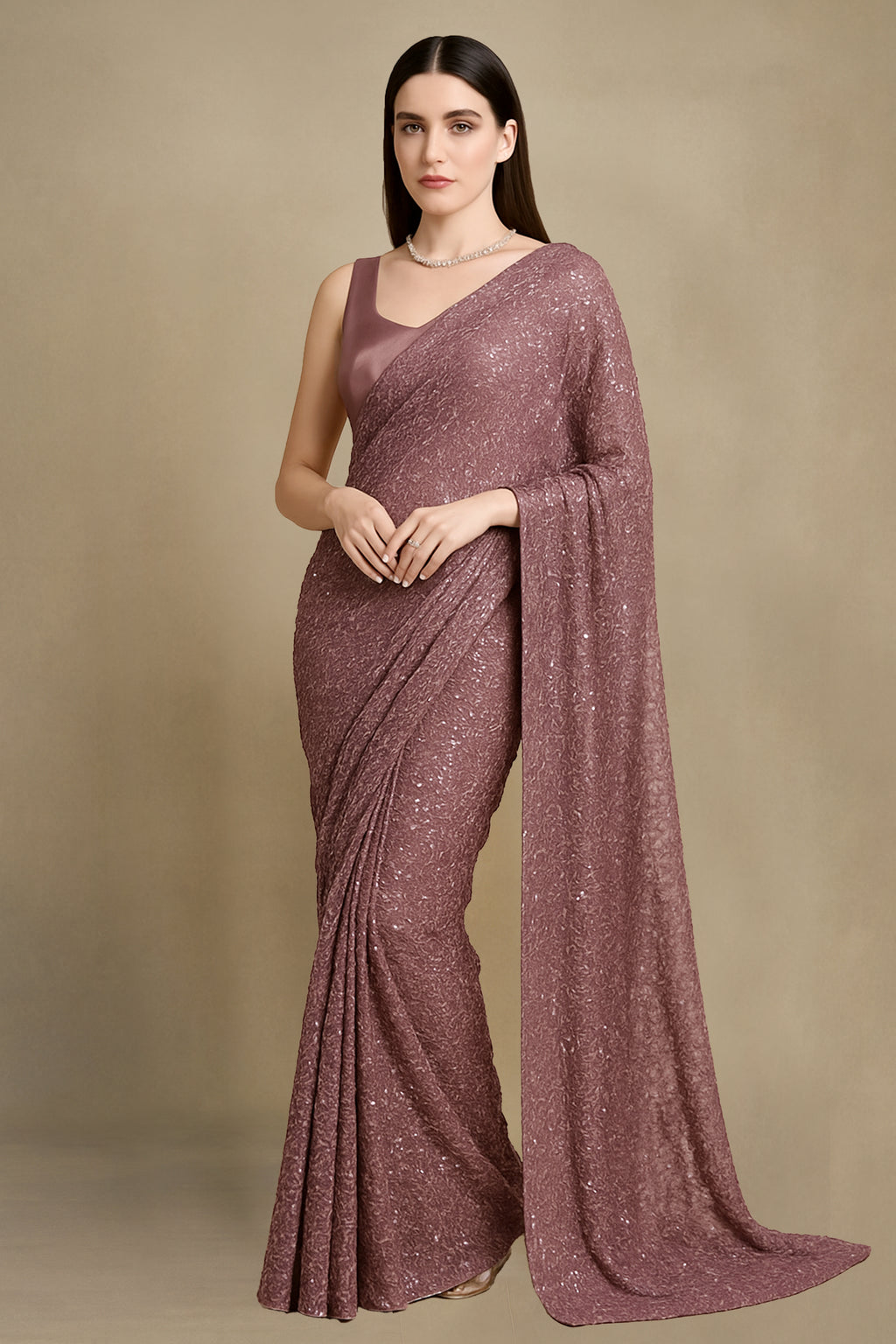Blush Elegance – Pink Chiffon Sequinned Saree