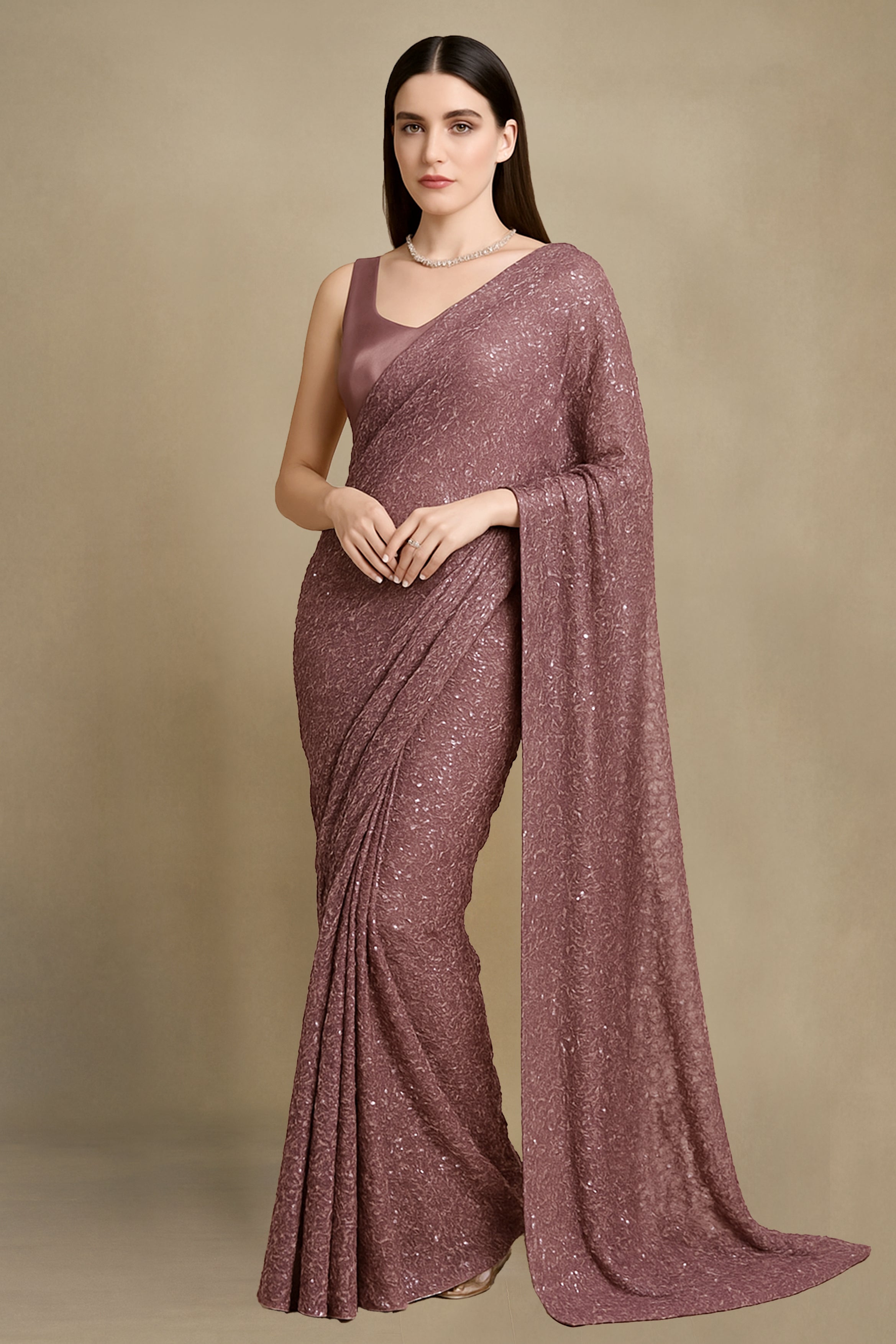 Blush Elegance – Pink Chiffon Sequinned Saree