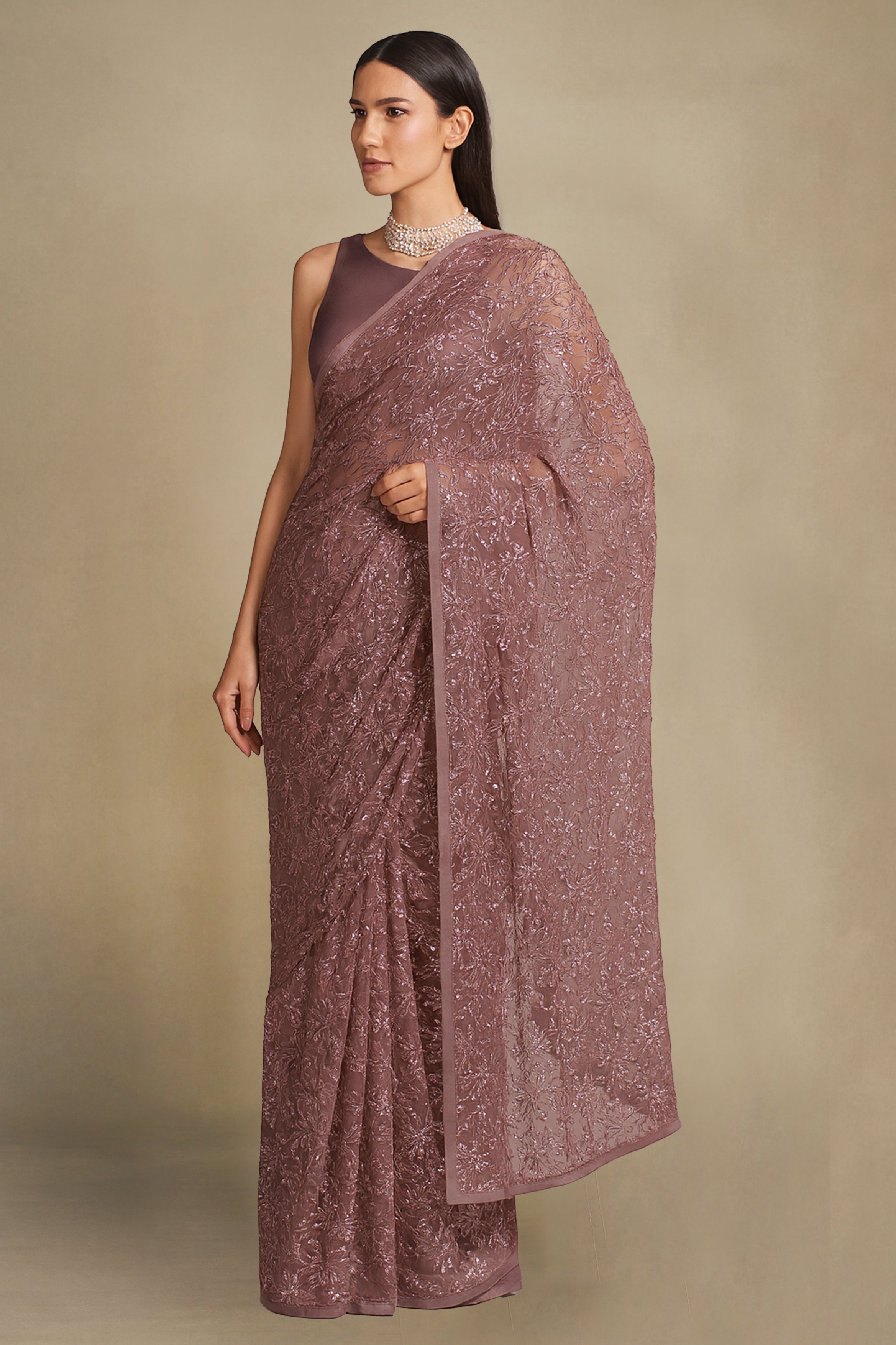 Blush Elegance – Pink Chiffon Sequinned Saree