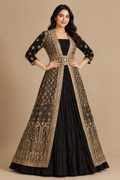 Women's Black Zari and Sequins Embroidered Anarkali Gown with Jacket