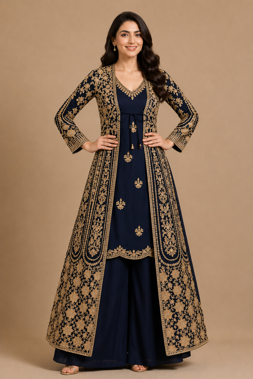 Women's Navy Embroidered Jacket,Palazzo Set