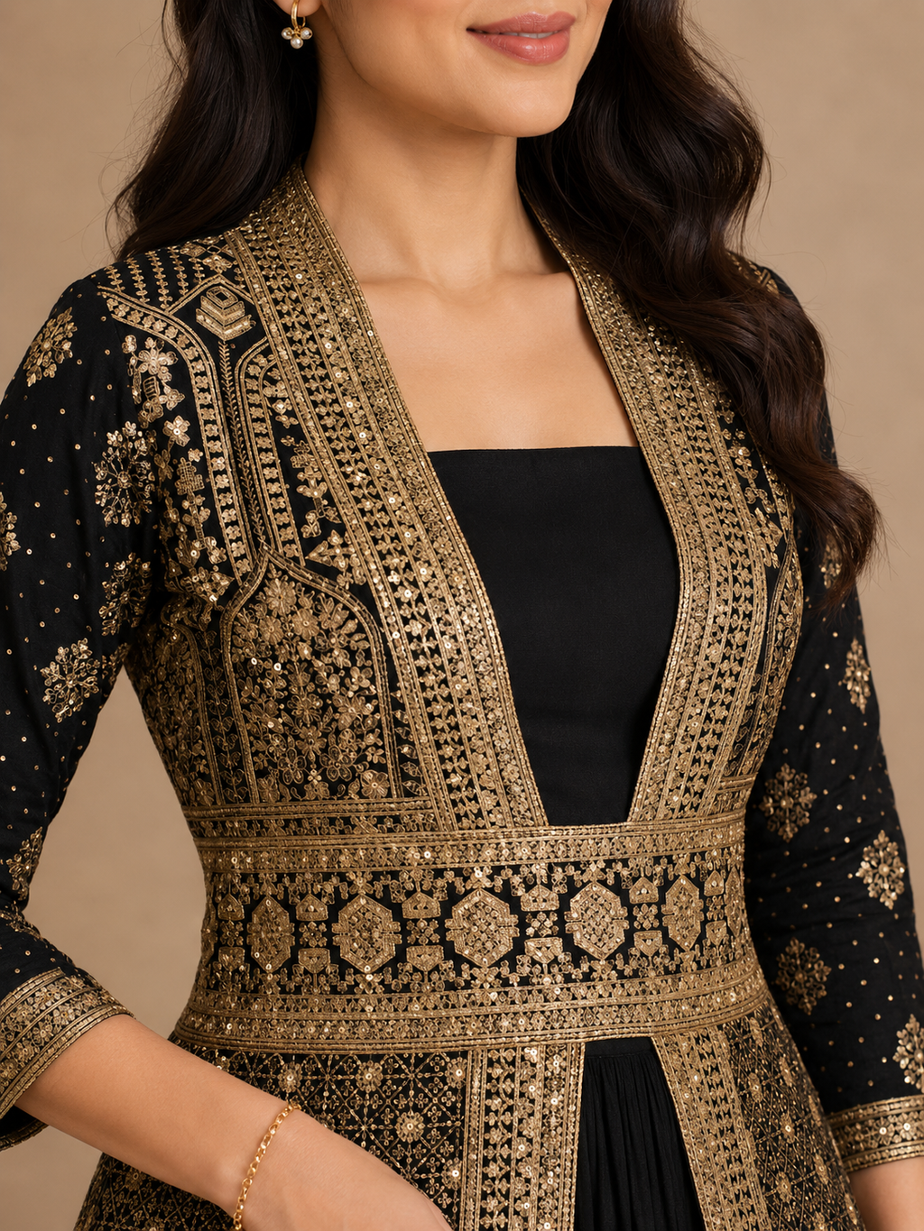 Women's Black Zari and Sequins Embroidered Anarkali Gown with Jacket